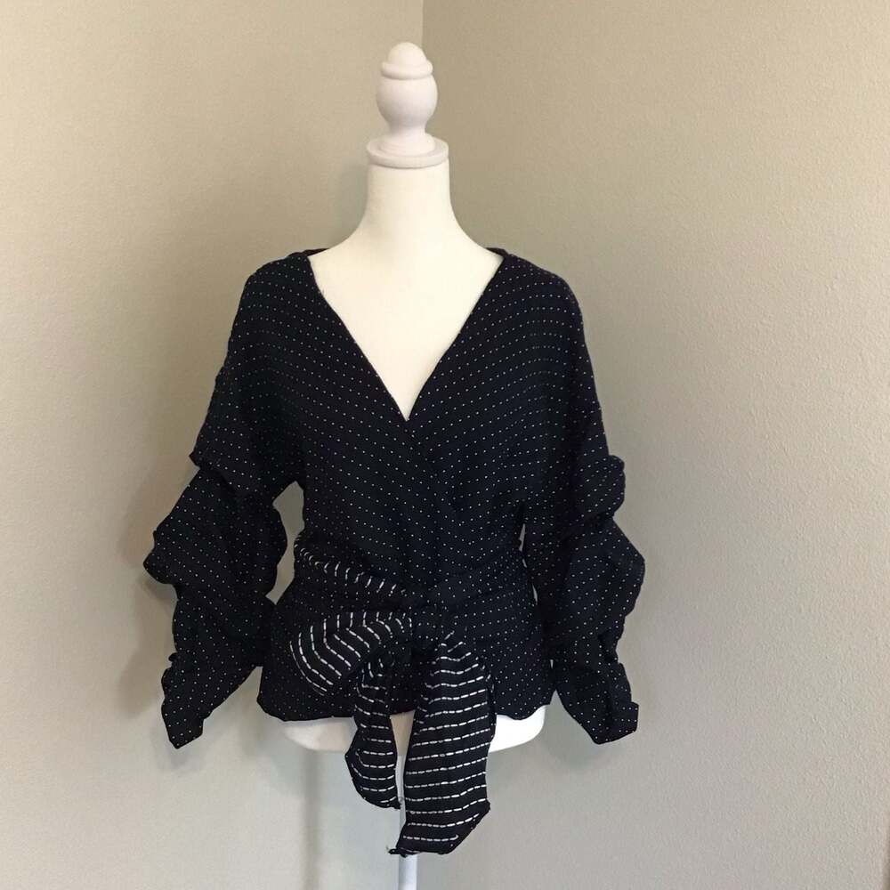 DO+BE Black and White Polka Dot Wrap Blouse Small Ruffled Sleeves BOHO Chic